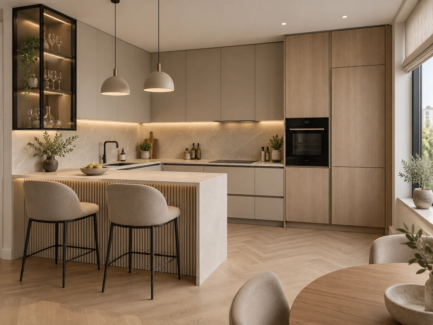 Kitchen with a peninsula in warm neutral tones