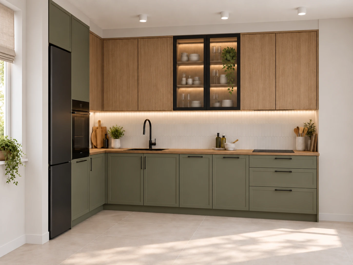 Olive kitchen with wood and a display cabinet