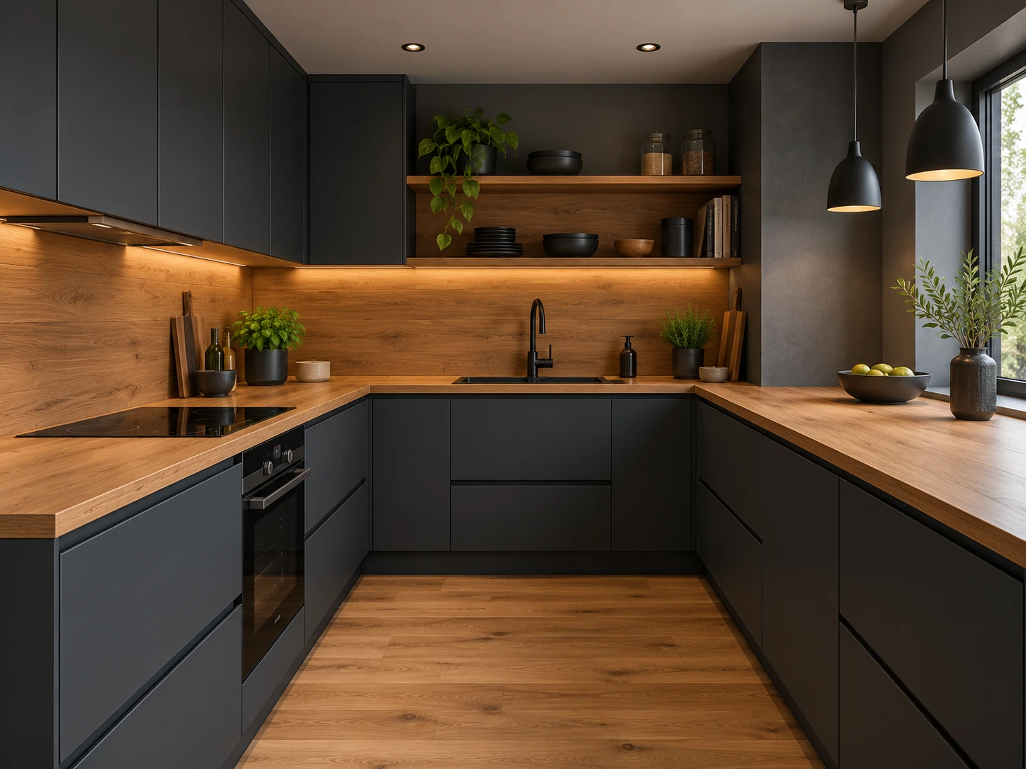 Dark U-shaped kitchen with wood