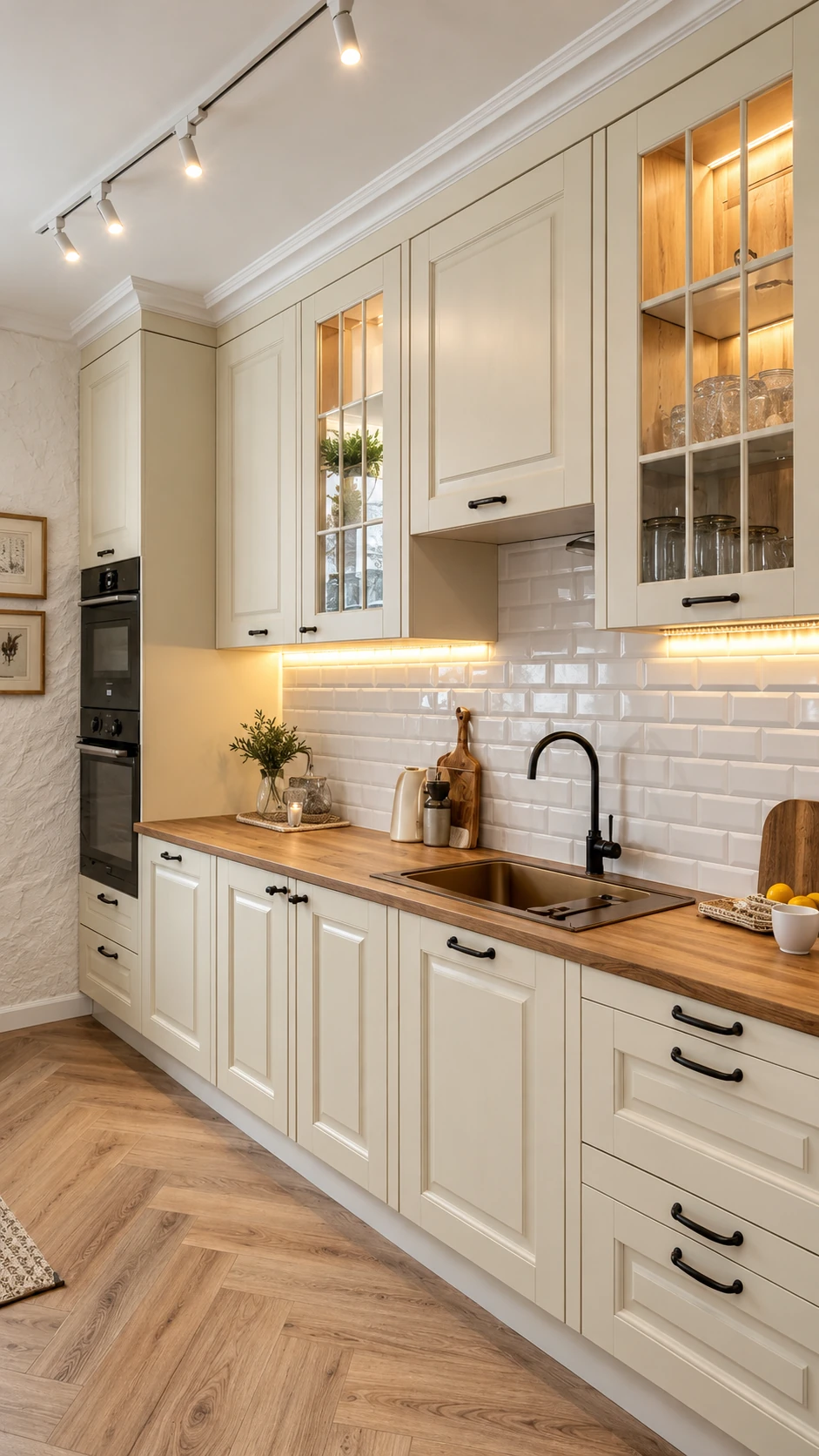Light classic kitchen with glazed cabinets