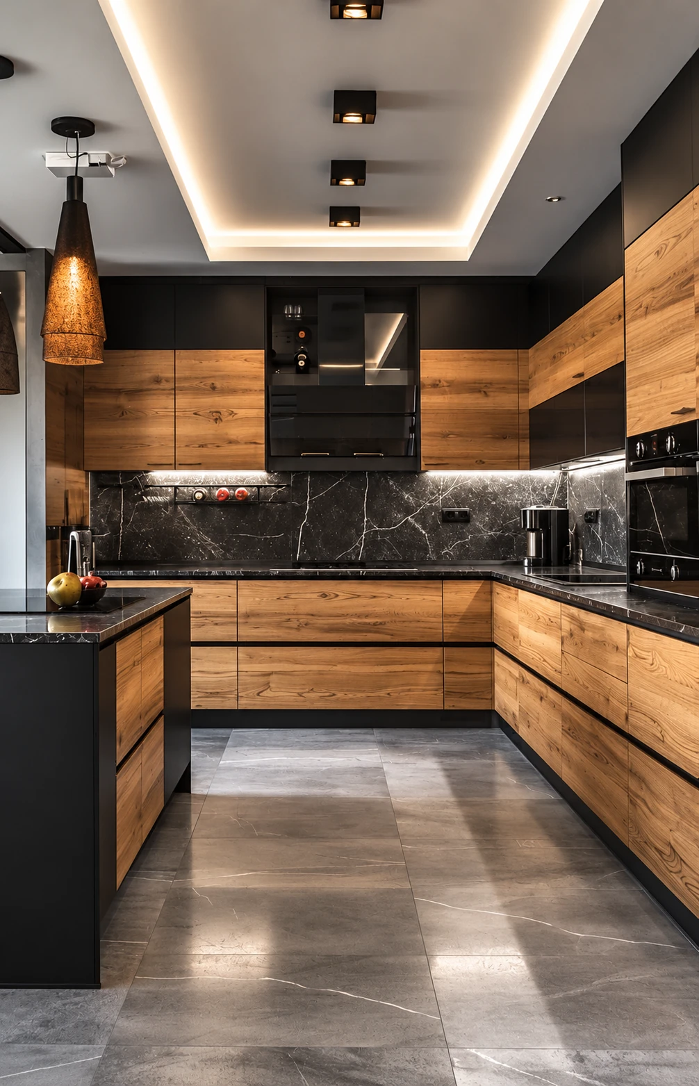 Kitchen with distinctive wood grain and black details