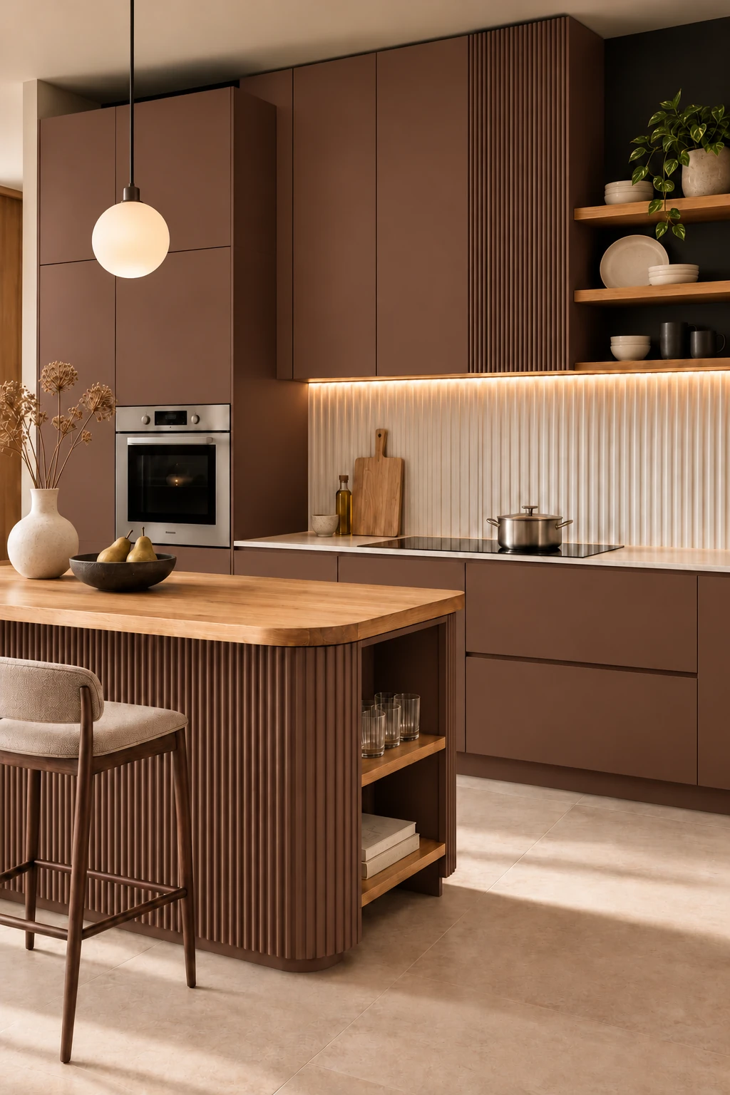 Cocoa kitchen with a fluted island
