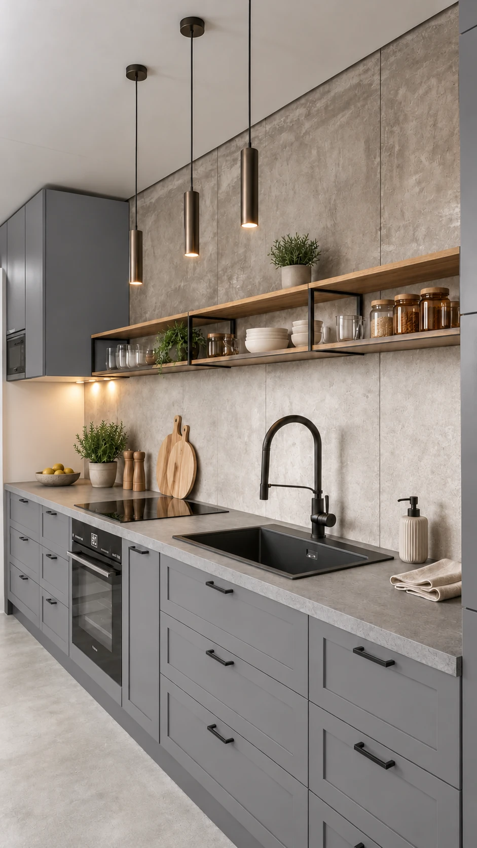 Gray kitchen with open shelves and concrete textures