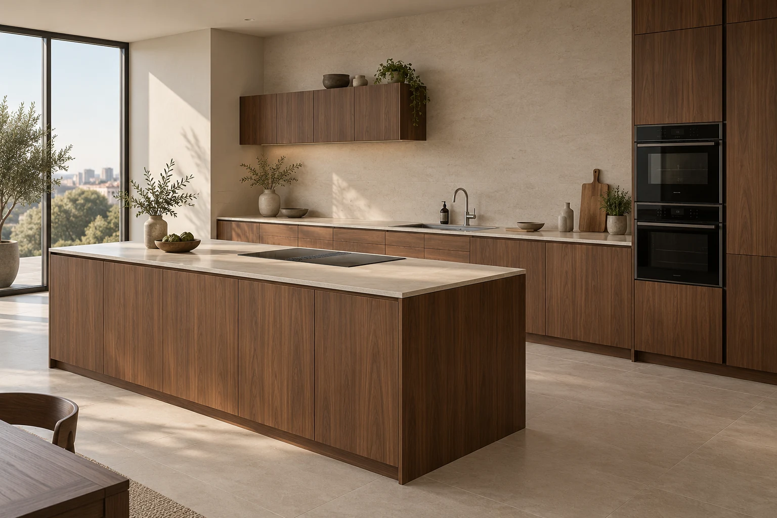 3D-концепция кухни с фасадами под орех и островом